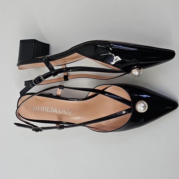 Modencoco Black Patent Leather Pointed Toe Low Block Heel w Pearl Accent Sz:8.5 - Picture 4 of 10